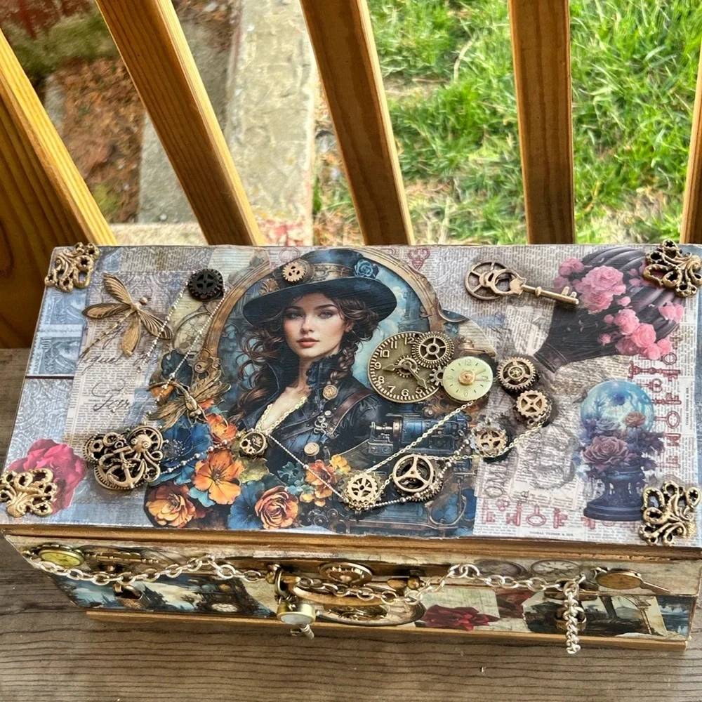 Steampunk Jewelry Box #3 Handmade Vintage Victorian Gear Decor Blue Velvet int
